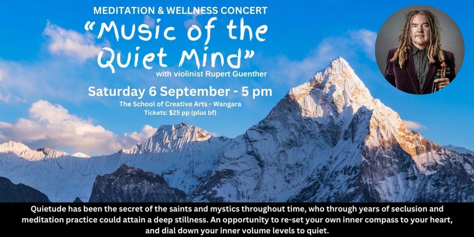 Banner image for "Music of the Quiet Mind" - a meditation & wellness concert with violinist-composer Rupert Guenther