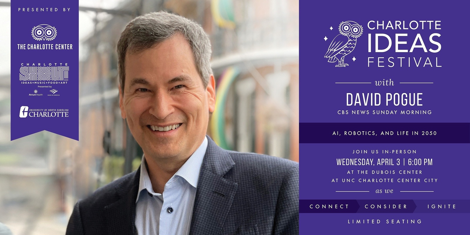 Banner image for The 2024 Charlotte Ideas Festival featuring David Pogue