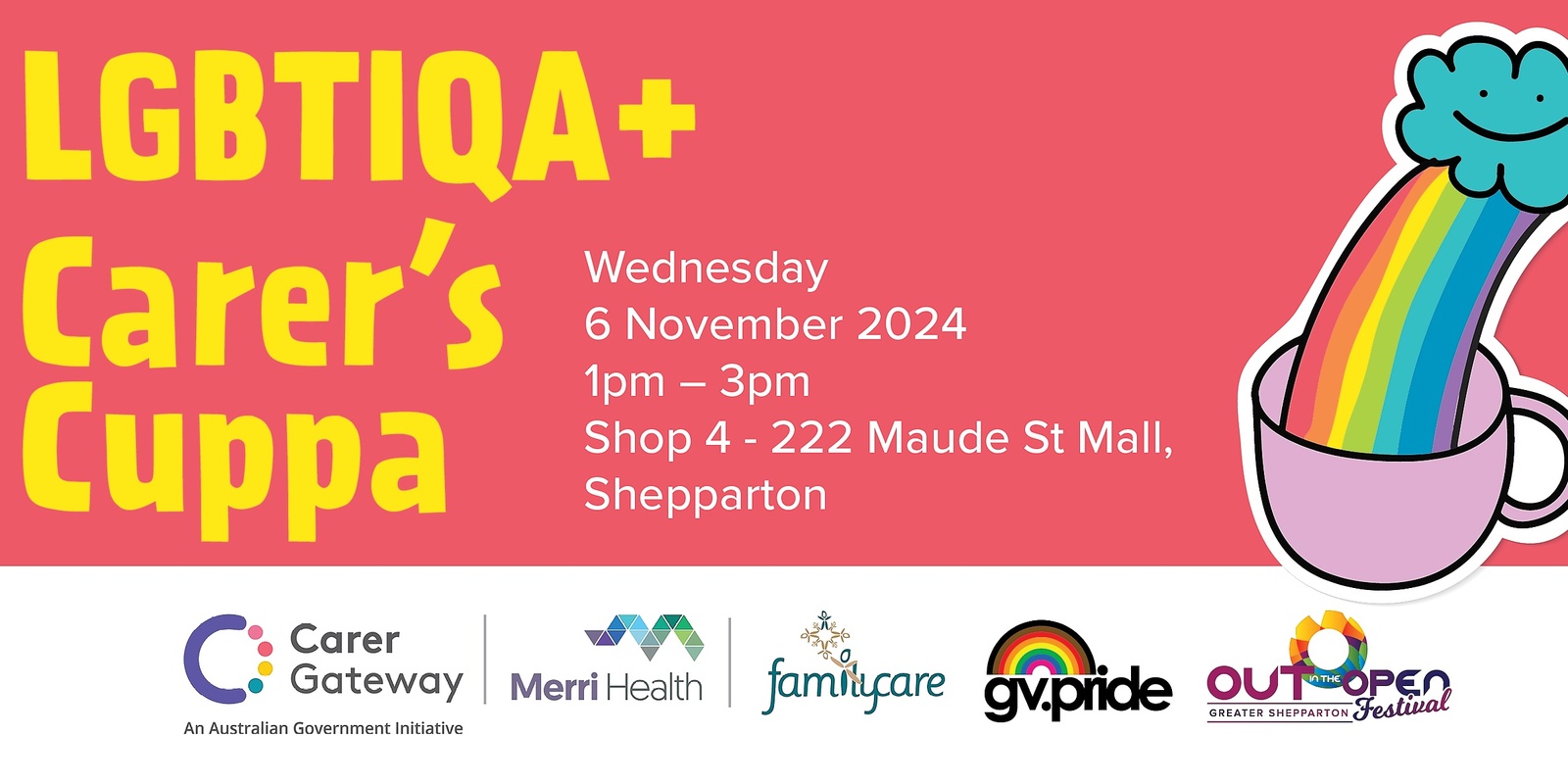 Banner image for LGBTIQA+ Carer's Cuppa | Wed 6 Nov | Free - OUT in the OPEN Festival 