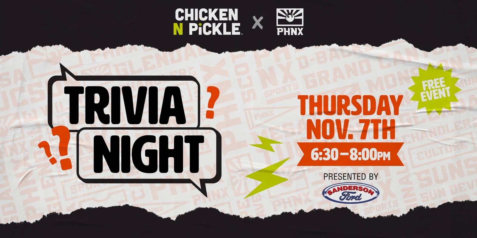 Banner image for PHNX Trivia Night at Chicken N Pickle