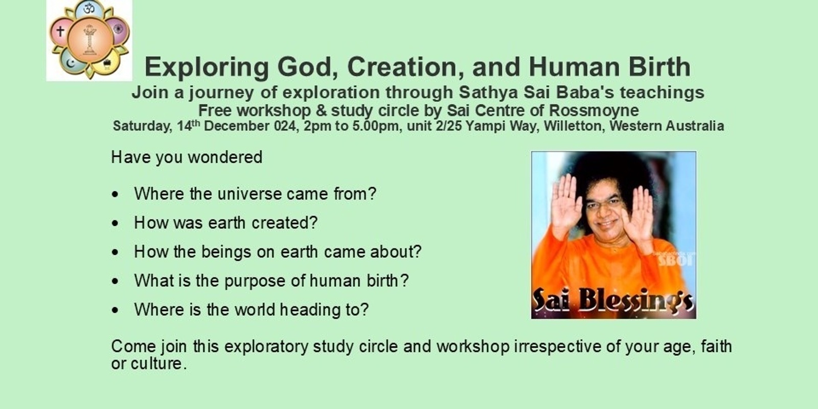 Banner image for Exploring God, Creation and Human Birth - Join us on a journey of exploration through Sathya Sai Baba's teachings