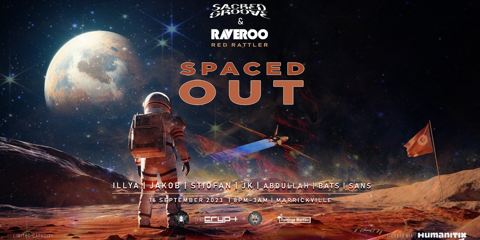 SACRED GROOVE & RAVEROO // SEPTEMBER 16 // THEME - SPACED OUT 🧑‍🚀 🚀 //  RED RATTLER | Humanitix