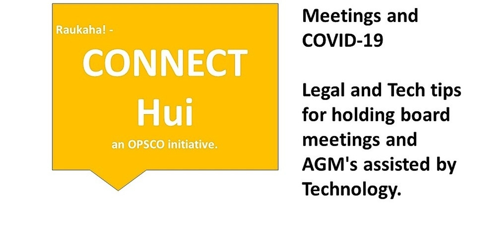 Banner image for Meetings and COVID-19 - Legal and Tech tips for holding board meetings and AGM's assisted by Technology. Raukaha! -Connect #4