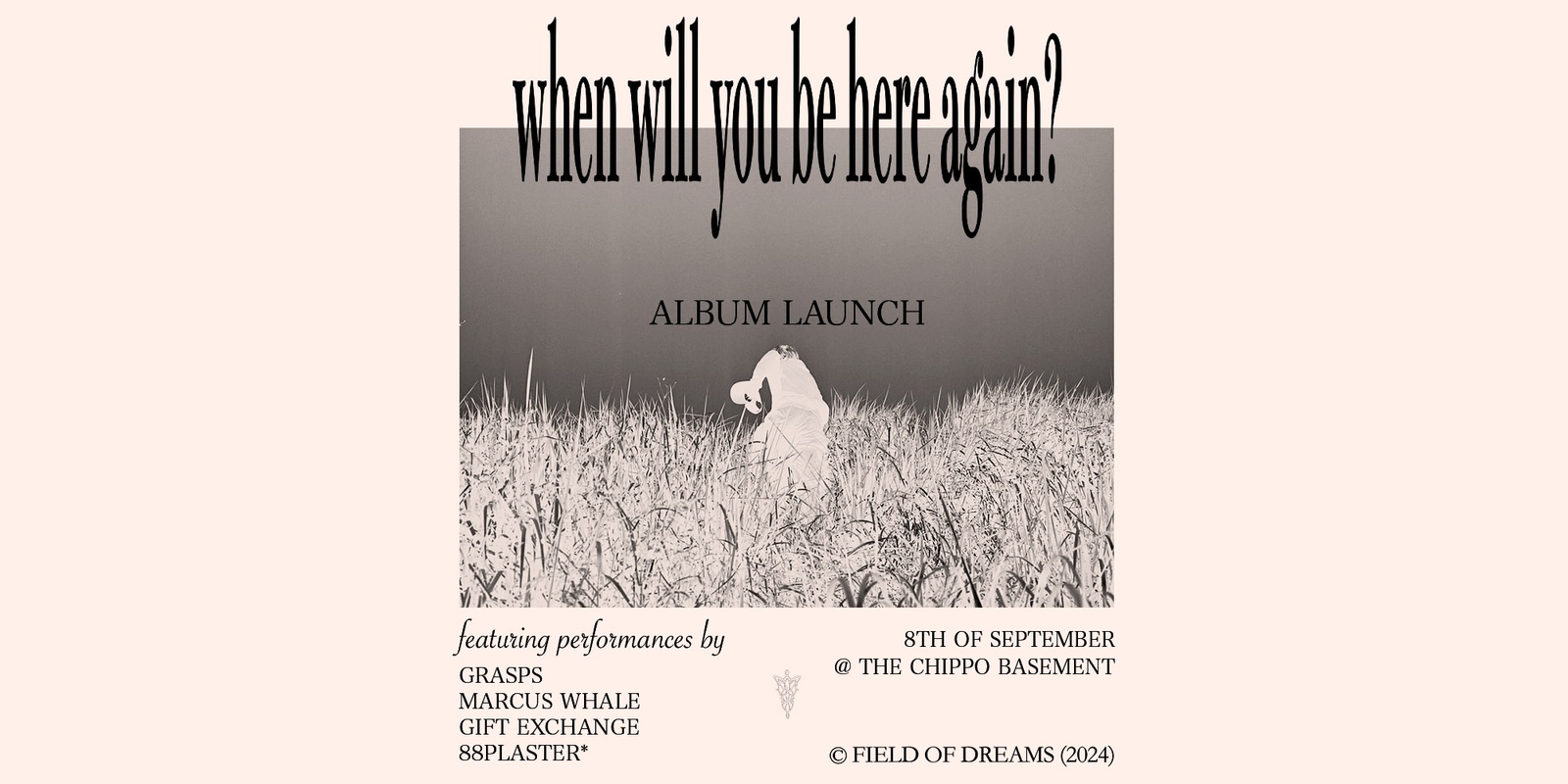 Banner image for 'when will you be here again?' Album Launch w/ Grasps, Marcus Whale, Gift Exchange, 88Plaster*