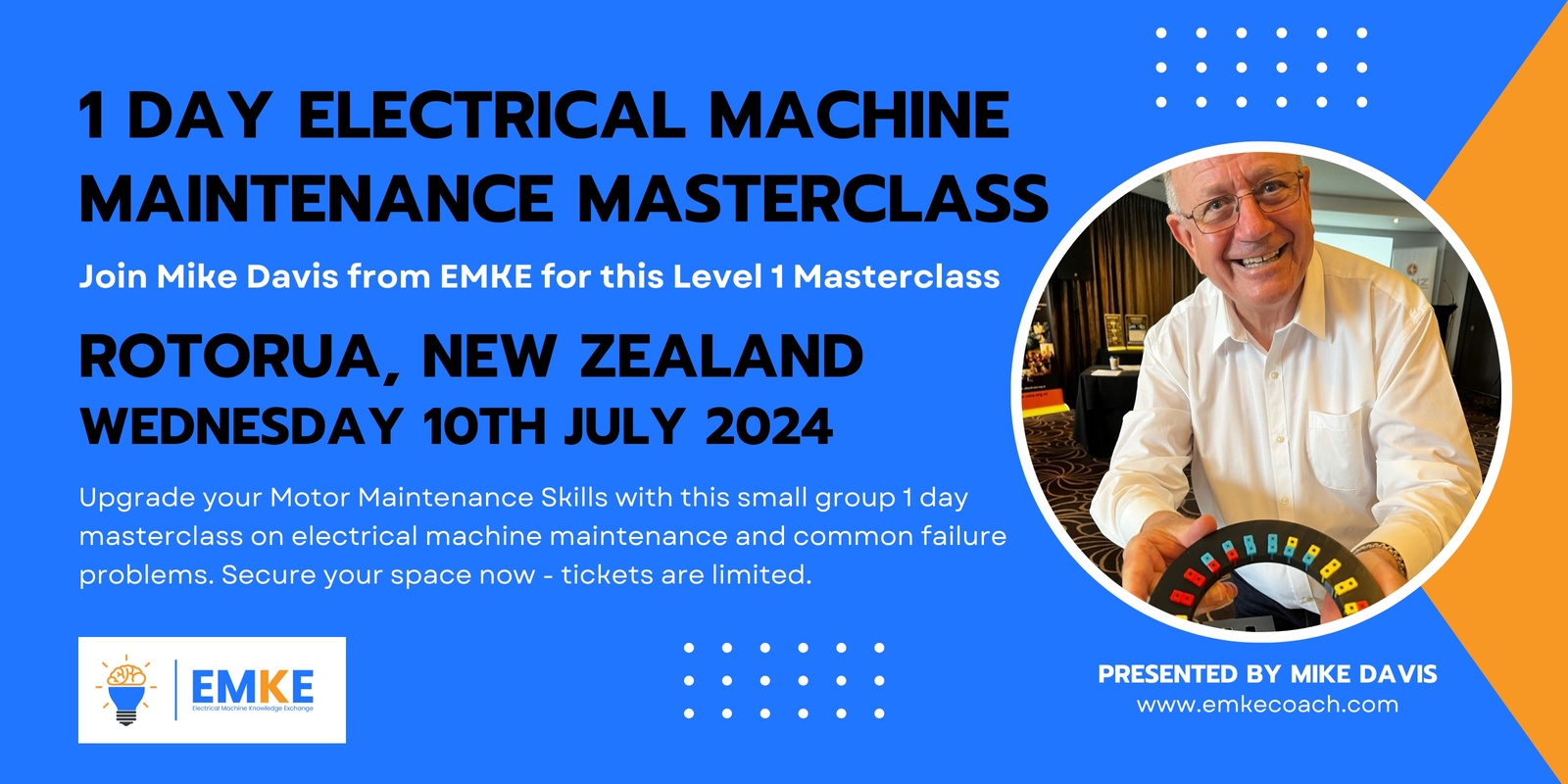 Banner image for Mike Davis, EMKE presents 1 day Electrical Machine Masterclass in Rotorua NZ [Level 1] 