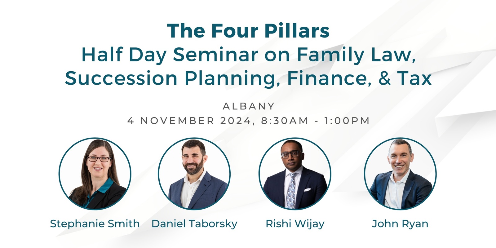 Banner image for The Four Pillars | Albany | Half Day Seminar on Family Law, Succession Planning, Finance & Tax