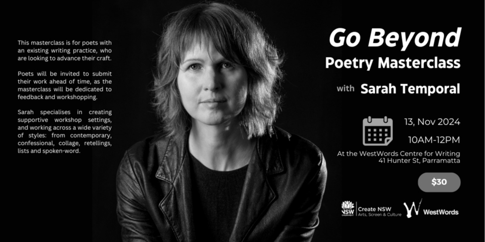 Banner image for Go Beyond: Poetry Masterclass with Sarah Temporal 