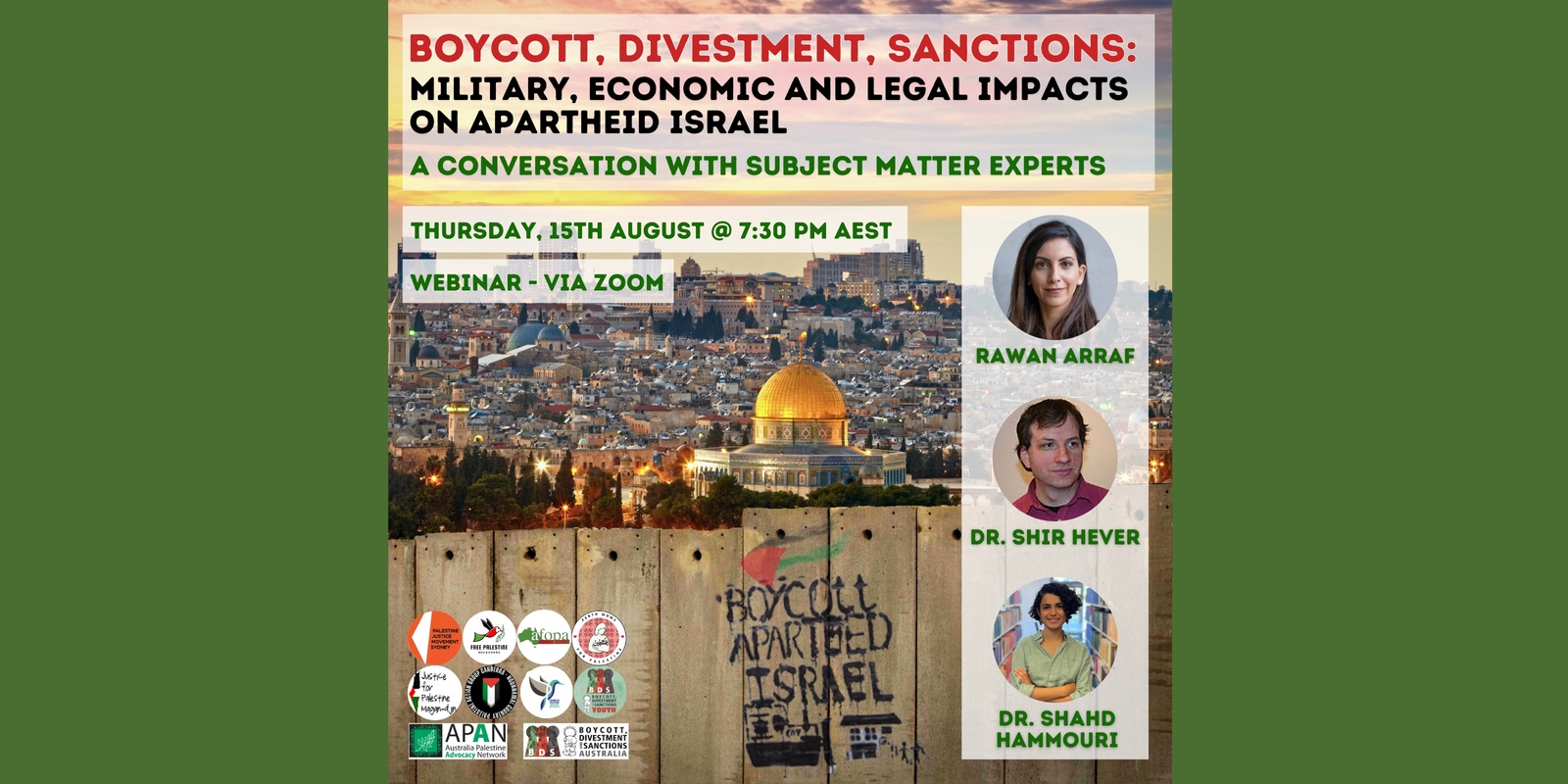 Banner image for Boycott, Divestment and Sanctions: Military, economic and legal impacts  on Apartheid Israel