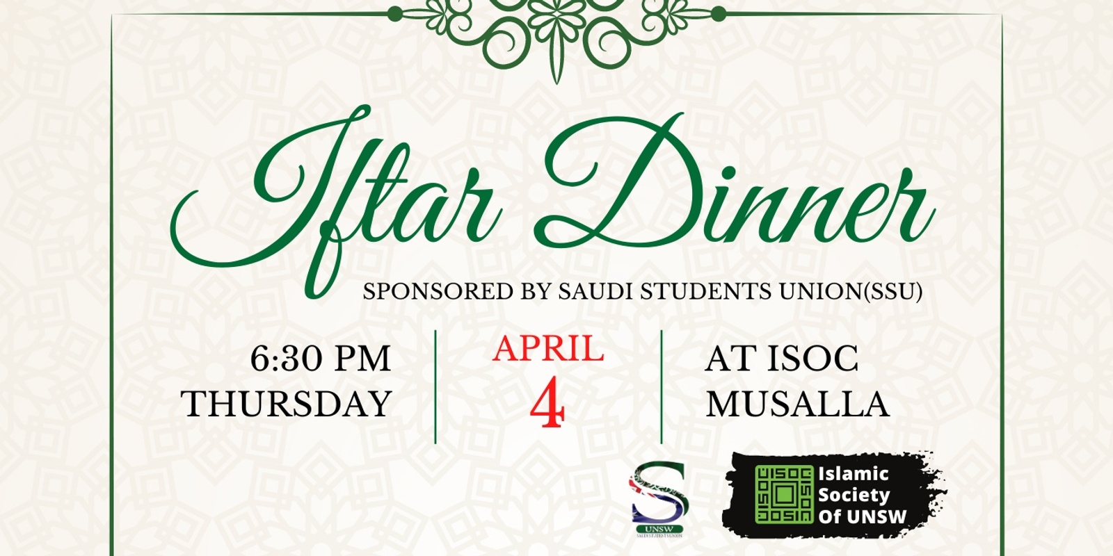 Banner image for Iftar Dinner - 4th April - by Saudi Students Union(SSU)