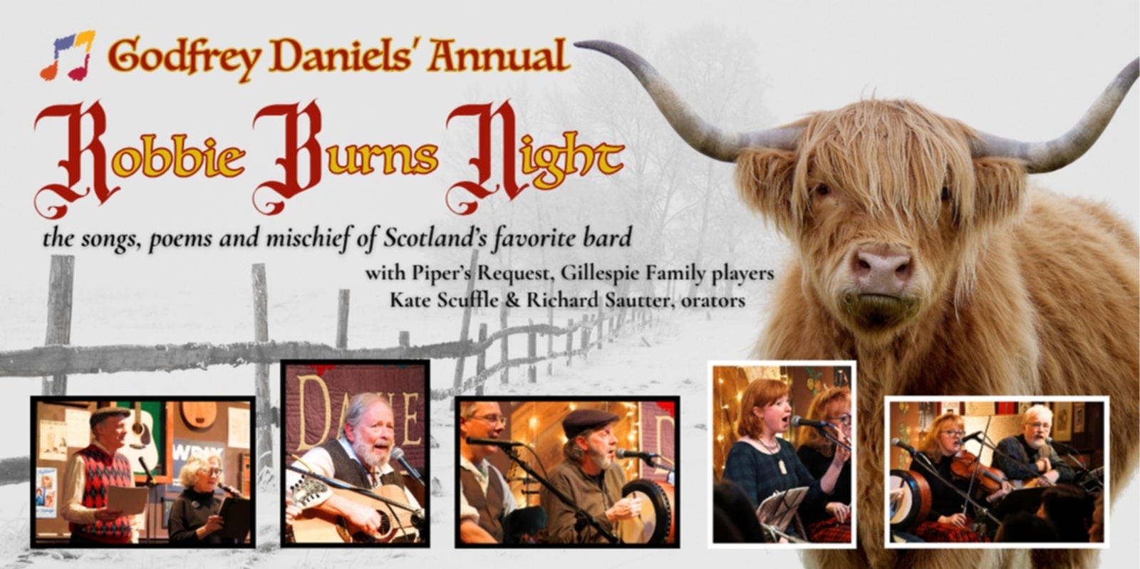 Banner image for Robbie Burns Night – The Songs, Poems & Mischief of Scotland's Favorite Bard with Piper's Request, Gillespie Family Players and orators Kate Scuffle and Richard Sautter!