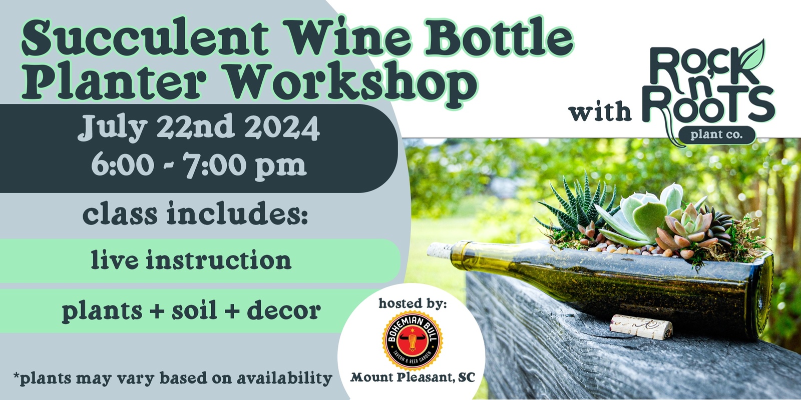 Banner image for Succulent Wine Bottle Workshop at Bohemian Bull (Mount Pleasant, SC)