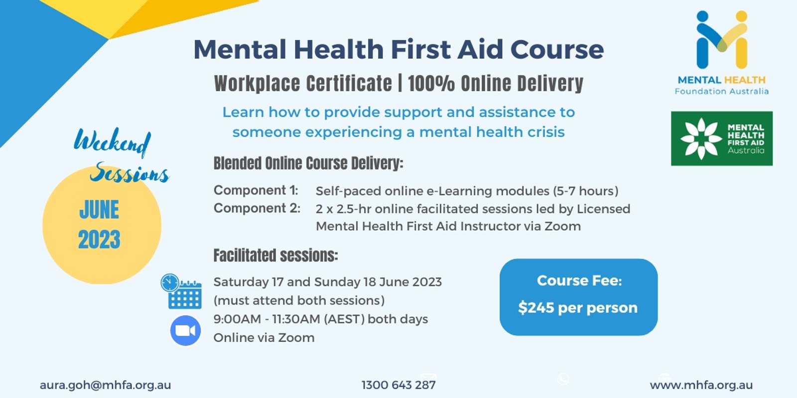 Blended Online Mental Health First Aid Course - June 2023 (Weekend Sessions)