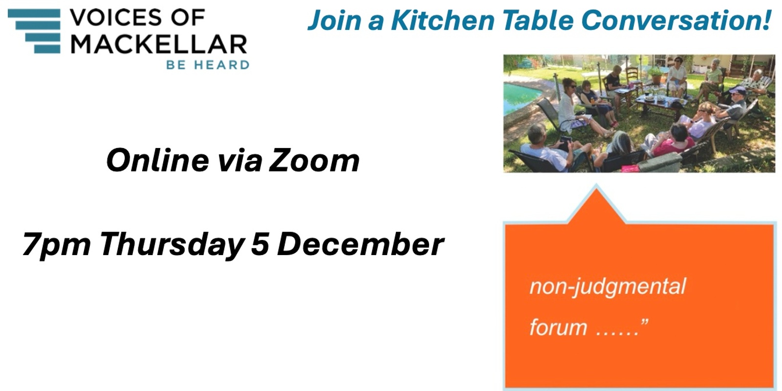 Banner image for Zoom Kitchen Table Conversation - Online  Thurs 5 December 7pm