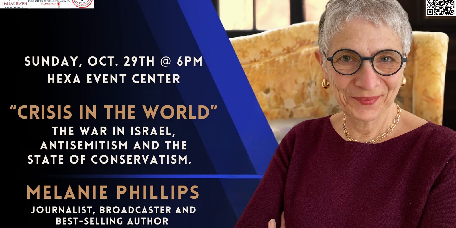 Banner image for 'Crisis in the World': The War in Israel, Antisemitism and the State of Conservatism with Melanie Phillips!