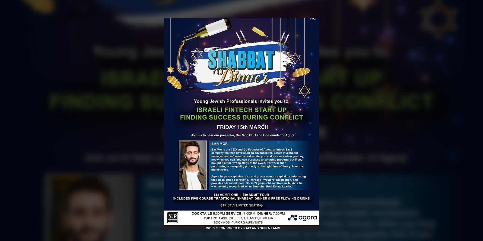 Banner image for Shabbat Schmooze - Finding Success During Conflict FEAT: Bar Mor AGORA Founder