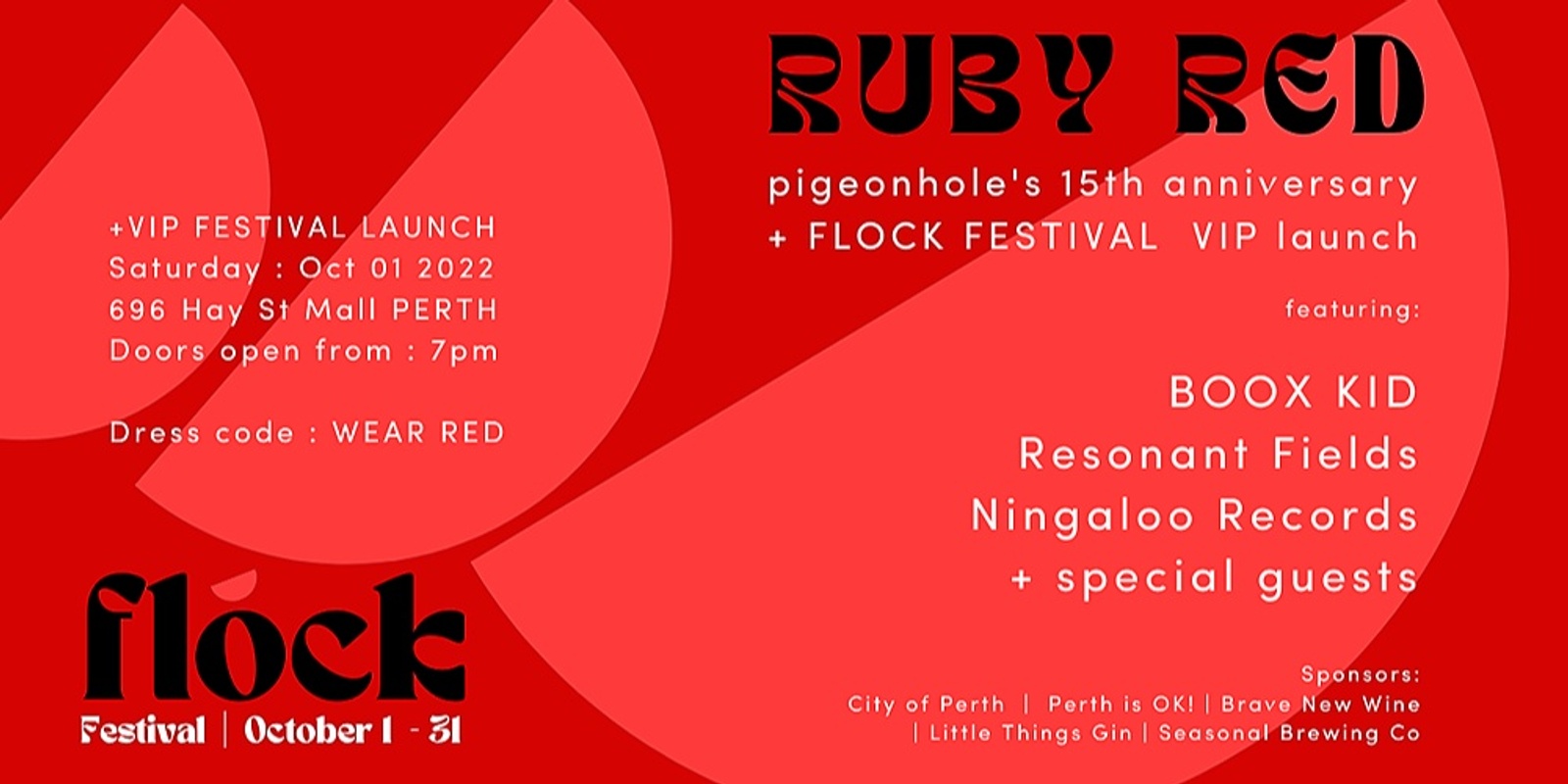Banner image for (SOLD OUT) RUBY RED: Pigeonhole's 15th Birthday + Launch of Flock Festival 2022 