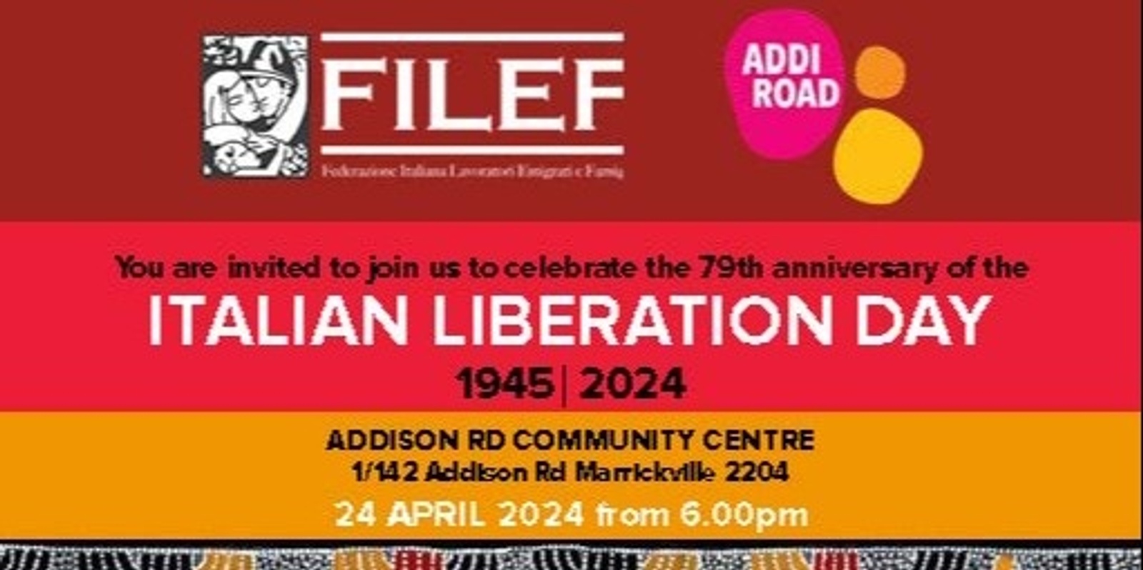 Banner image for Commemorating Italian Liberation from nazi-fascism in 1945 - supporting First Nations People's resistance and Palestinian resistance 