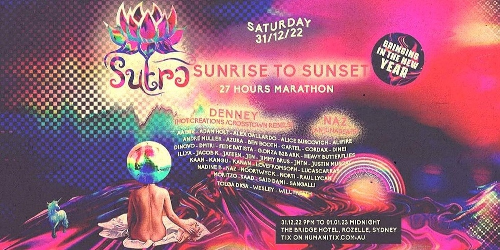 Banner image for SUTRA Sunrise to Sunset // feat.Denney (Crosstown Rebels / Hot creations) // feat.Naz (Anjunabeats) New Year // 27 hrs Marathon