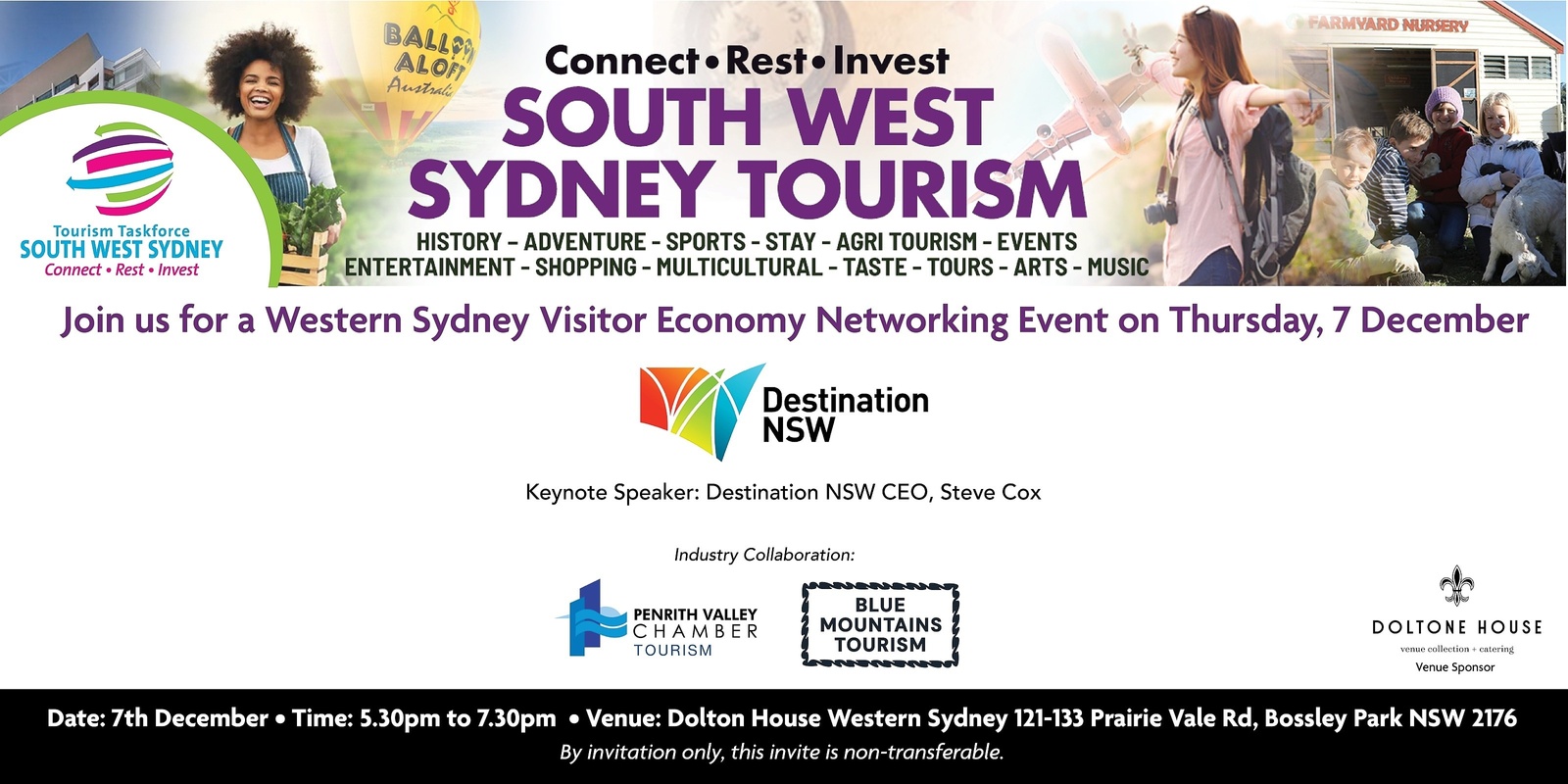 Banner image for Join us for a Western Sydney Visitor Economy Networking Event with Steve Cox, CEO of Destination NSW  on 7th December !