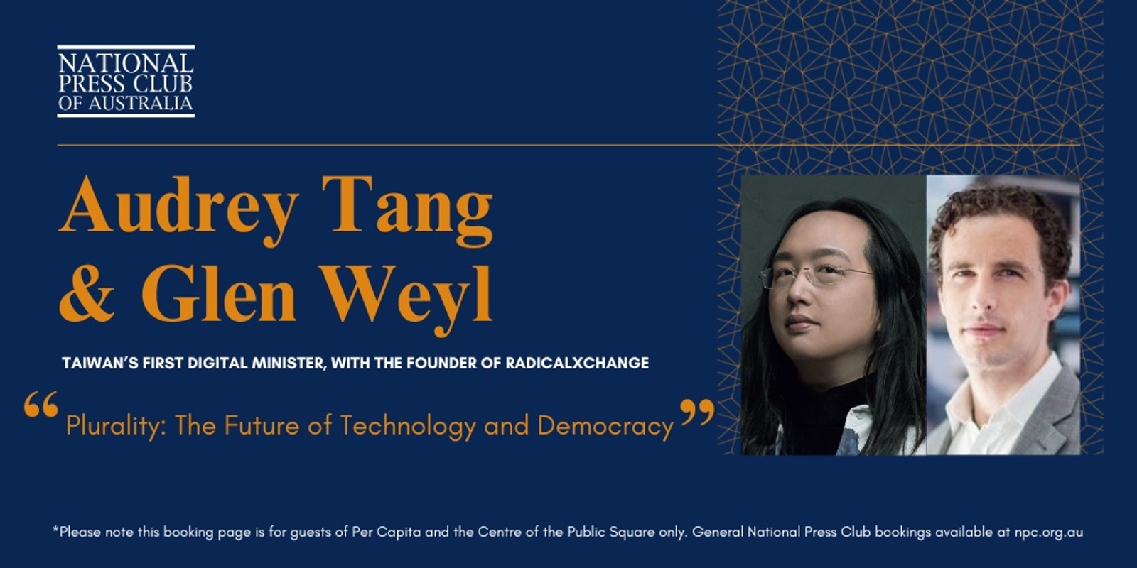 Banner image for Audrey Tang and Glen Weyl at the National Press Club - Per Capita Guest Registration