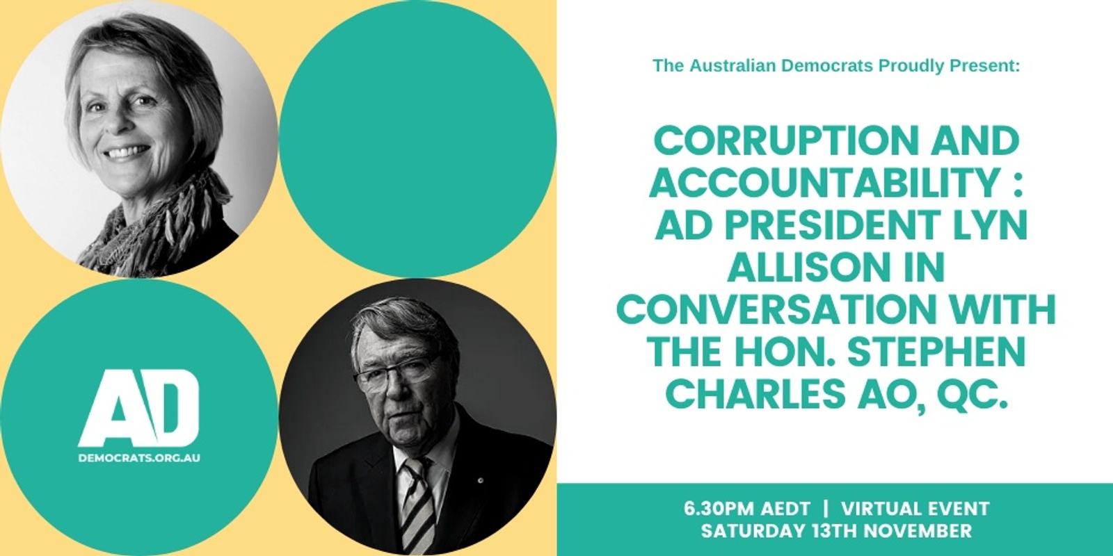 Banner image for Corruption and Accountability - AD President Lyn Allison in conversation with The Hon. Stephen Charles AO, QC.