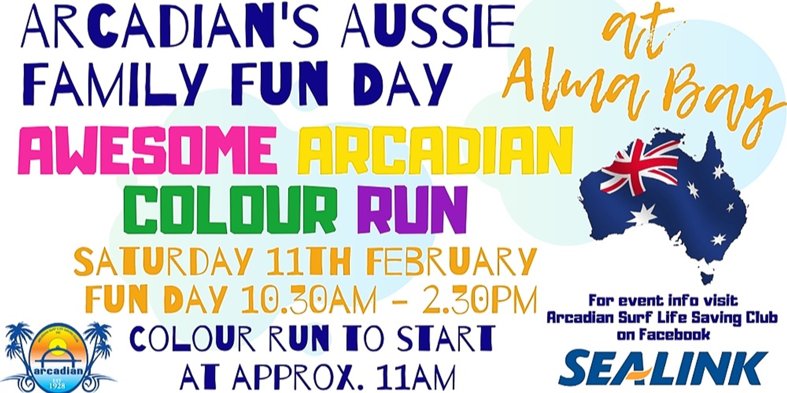 Banner image for Awesome Arcadian Colour Run, part of Arcadian's Aussie Family Fun Day at Alma Bay