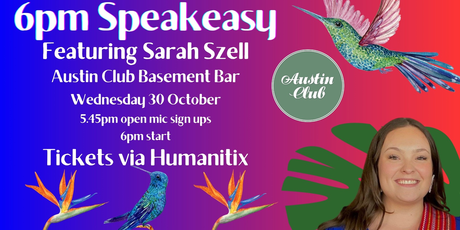 Banner image for 6pm Speakeasy ft Sarah Szell