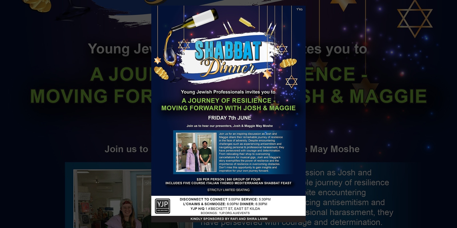 Banner image for Shabbat Schmooze | A Journey of Resilience – Moving Forward with Josh & Maggie