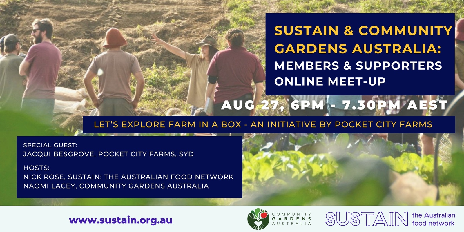 Banner image for Sustain / CGA members & supporters meet-up - AUG 2024 with guest Jacqui from Pocket City Farms