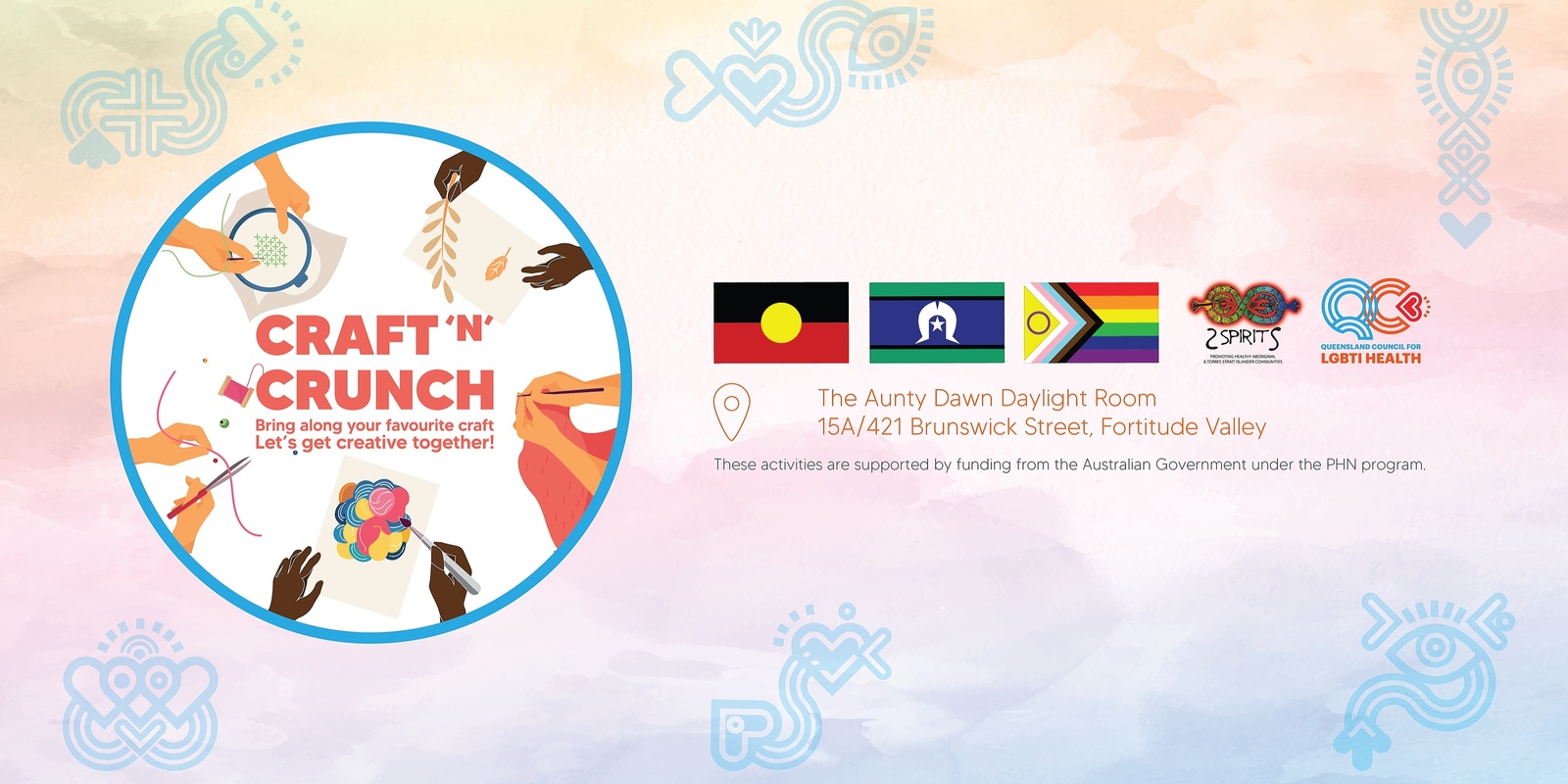 Banner image for QC Craft ‘n’ Crunch for our LGBTIQ+ communities