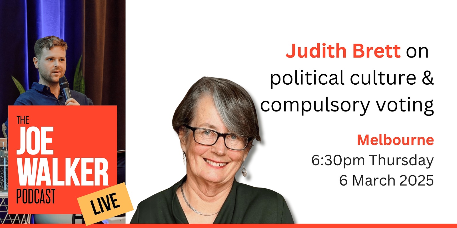 Banner image for Joe Walker Podcast LIVE — Judith Brett [Melbourne]