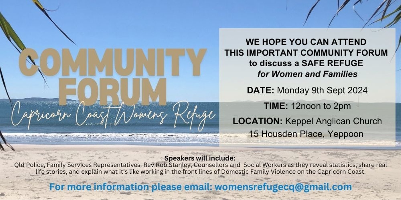 Banner image for Community Forum: Safe Women’s Refuge for Capricorn Coast