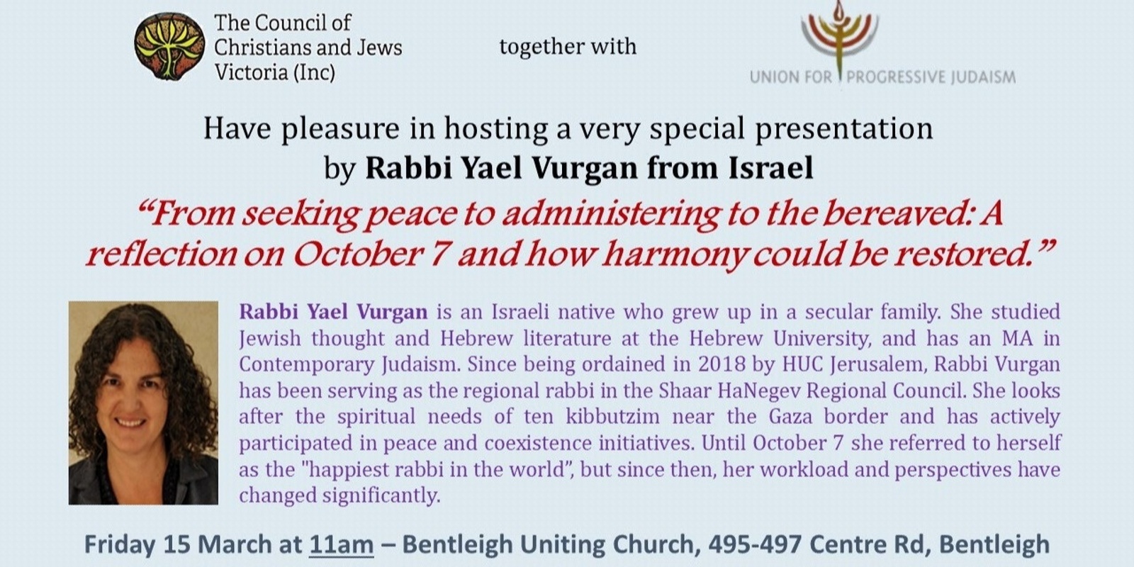 Banner image for Rabbi Yael Vurgan - From seeking peace to administering to the bereaved: A reflection on October 7 and how harmony could be restored.