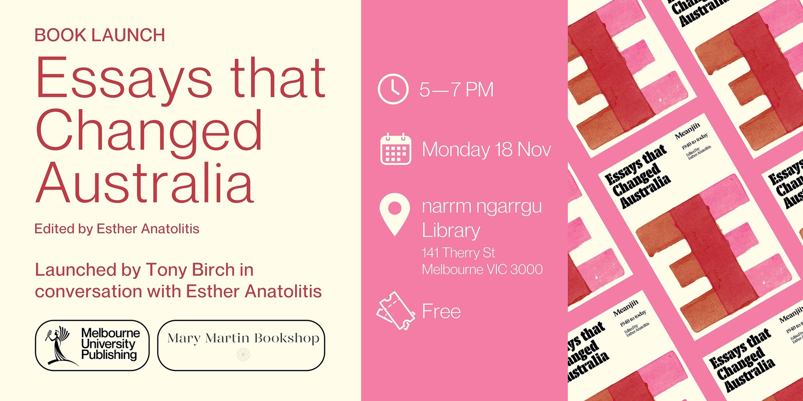 Banner image for Book Launch | Essays that Changed Australia edited by Esther Anatolitis