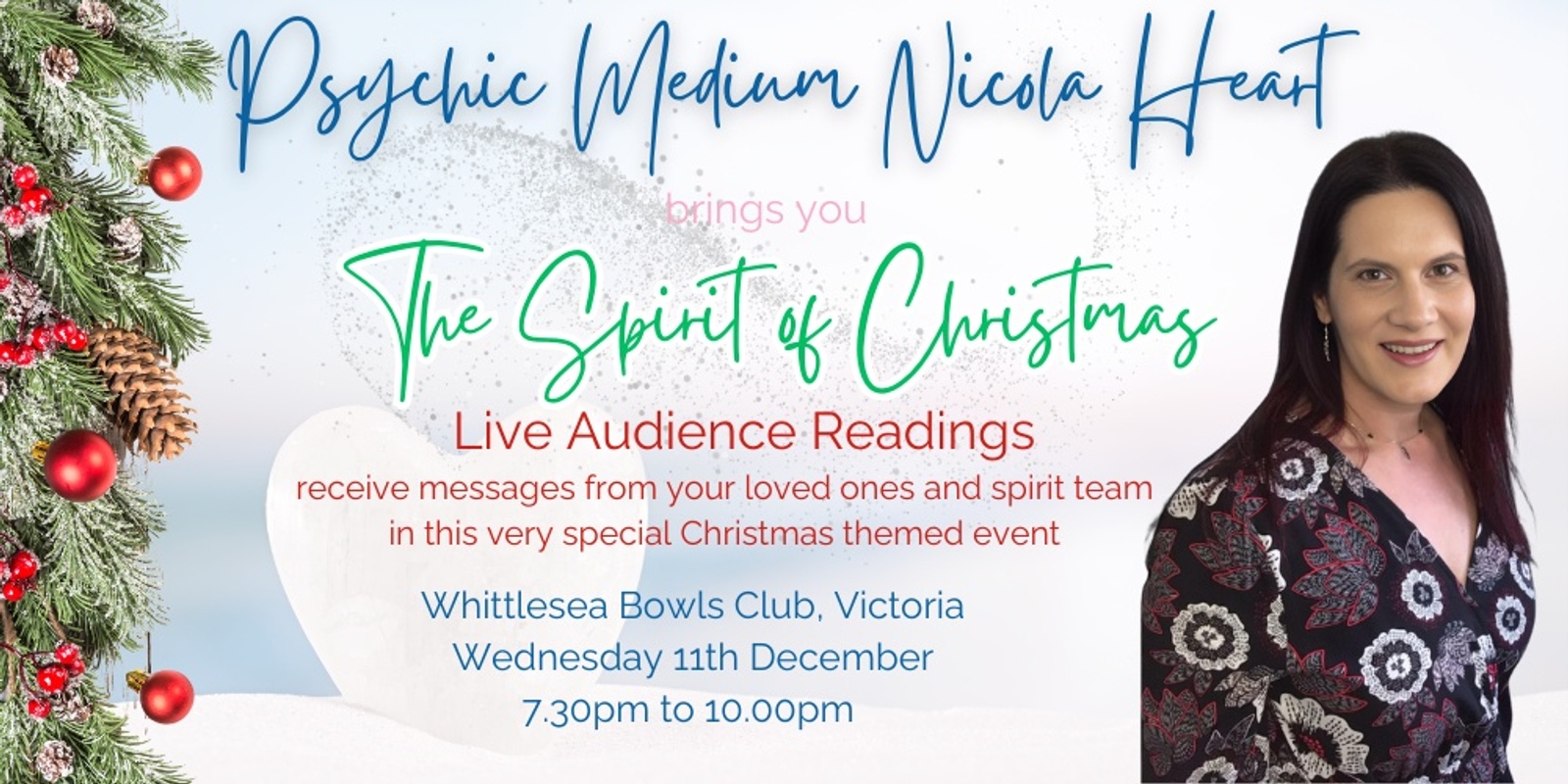 Banner image for The Spirit of Christmas in Whittlesea - Psychic Medium Nicola Heart Live Audience