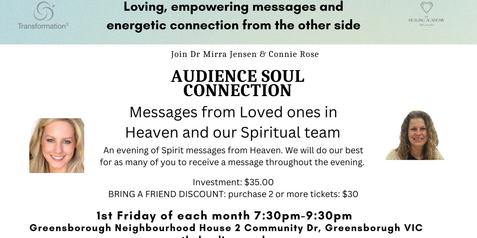 Banner image for An Evening of Soul Connections with Connie Rose & Dr Mirra Jensen