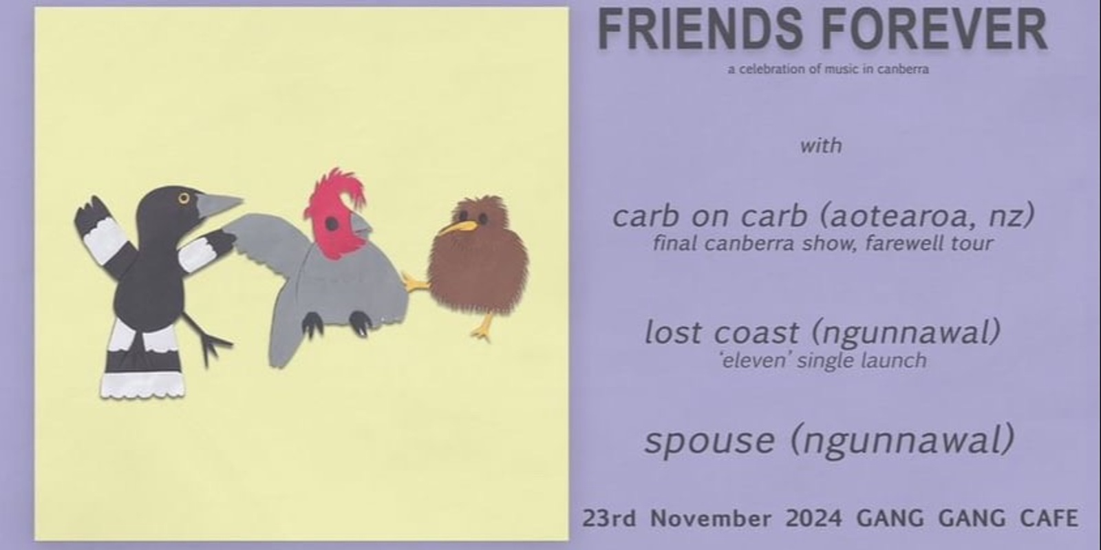 Banner image for Carb on Carb (NZ) ‘Friends Forever - a celebration of music in Canberra’ w/ Lost Coast + Spouse