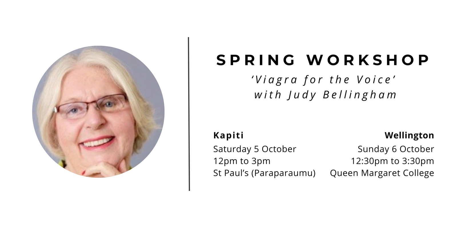 Banner image for Wellington Spring Workshop: 'Viagra for the Voice’ with Judy Bellingham.