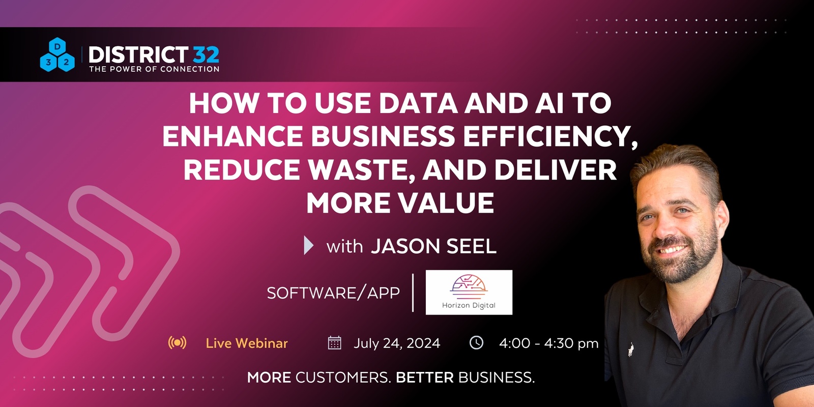 Banner image for District32 Expert Webinar: How to Use Data and AI to Enhance Business Efficiency, Reduce Waste, and Deliver More Value