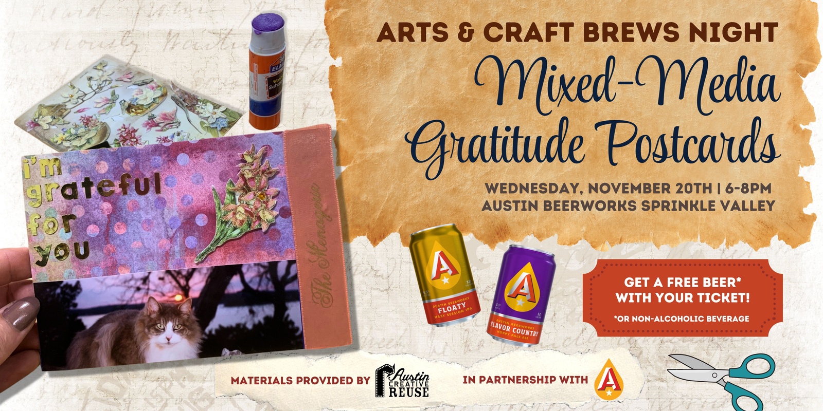 Banner image for Arts & Craft Brews Night at Austin Beerworks: Mixed-Media Gratitude Postcards & Journals