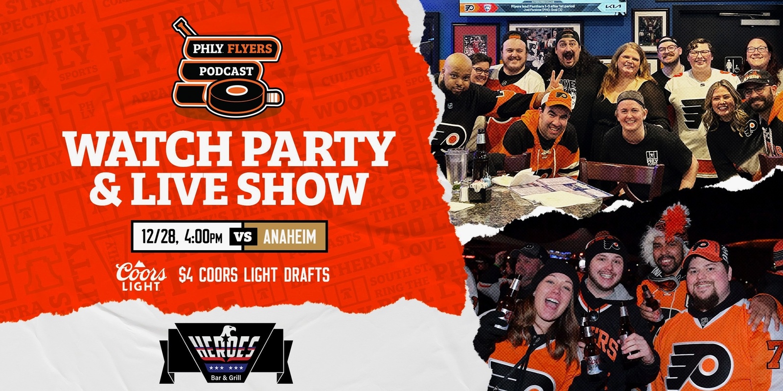 Banner image for PHLY Flyers Watch Party and Live Show at Heroes vs the Anaheim Ducks