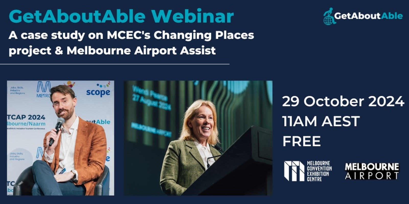 Banner image for GetAboutAble Webinar: A case study on MCEC's Changing Places project & Melbourne Airport Assist