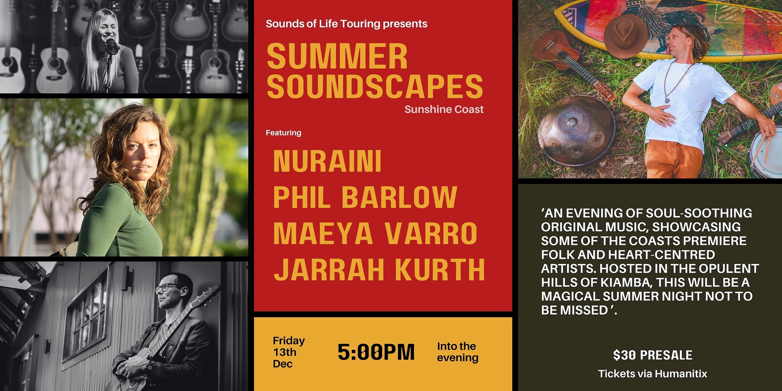 Banner image for Summer Soundscapes, Sunshine Coast Feat. Nuraini, Phil Barlow, Maeya Varro and Jarrah Kurth