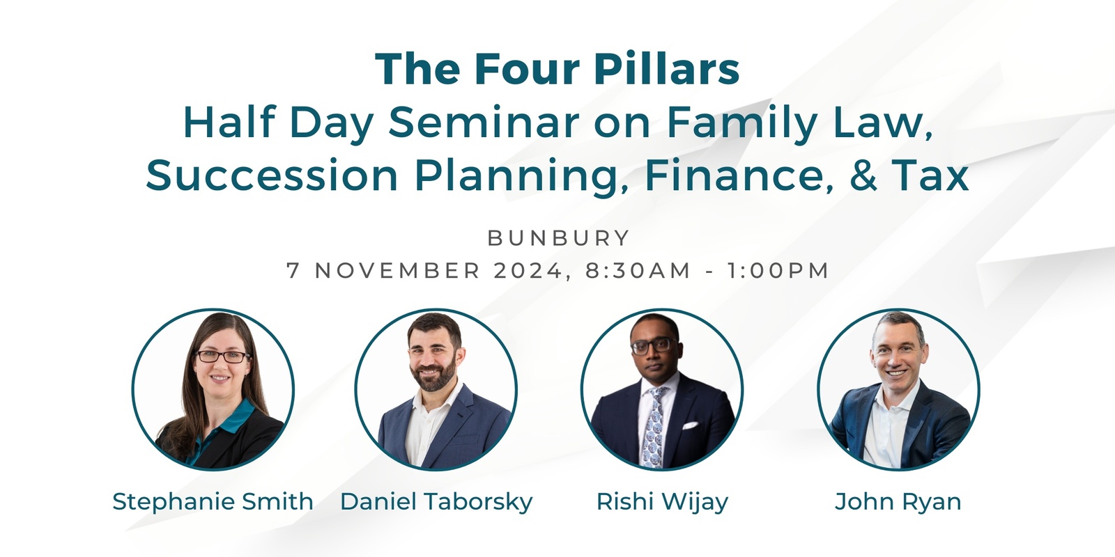 Banner image for The Four Pillars | Bunbury | Half Day Seminar on Family Law, Succession Planning, Finance & Tax