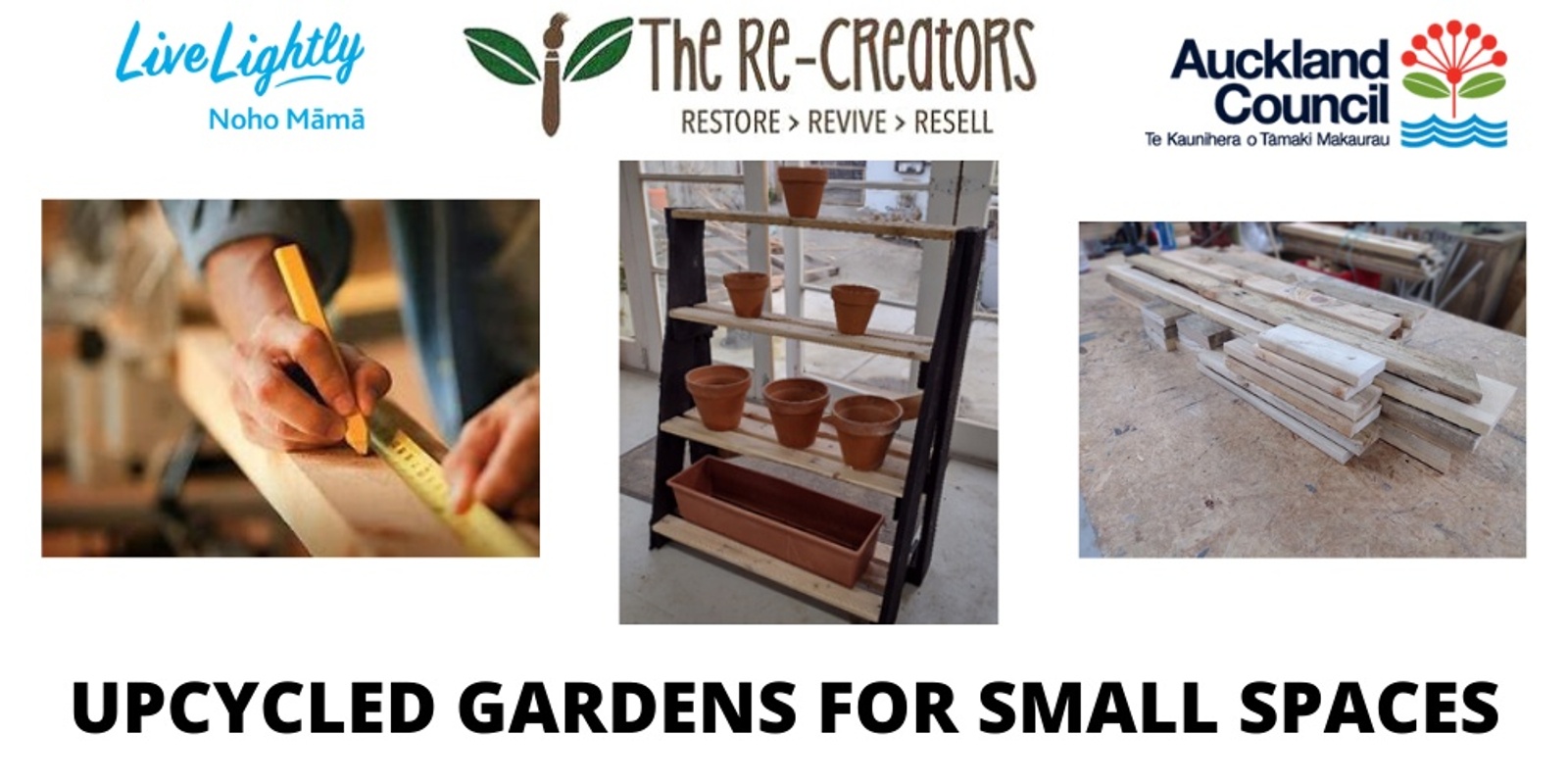 Banner image for Upcycled Gardens for Small Spaces - Build a Tiered Planter Stand from Pallets and Learn to Make (and leave with) a Bokashi Bin, Kelmarna Community Gardens, Saturday 2 April, 1pm - 5 pm