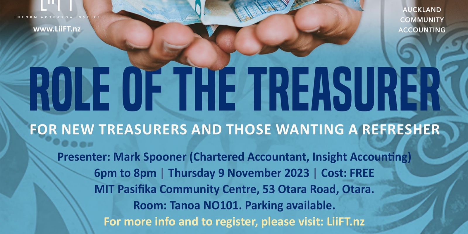 Banner image for FREE IN-PERSON WORKSHOP AT MIT (Otara): Role of the Treasurer - for new treasurers and those wanting a refresher