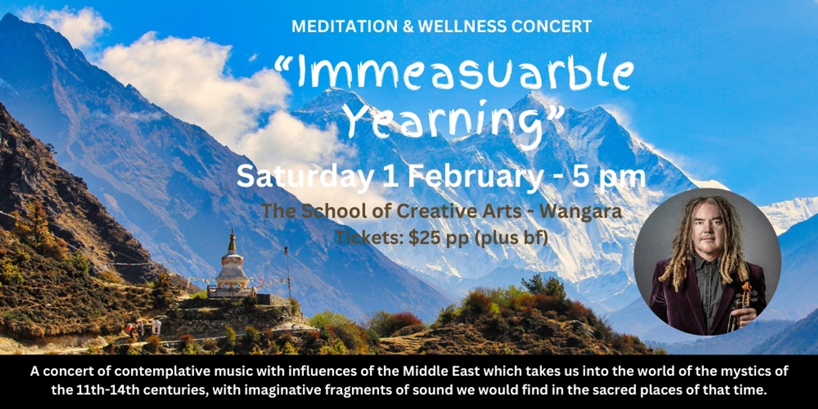 Banner image for "Immeasurable Yearning" - a meditation & wellness concert with violinist-composer Rupert Guenther