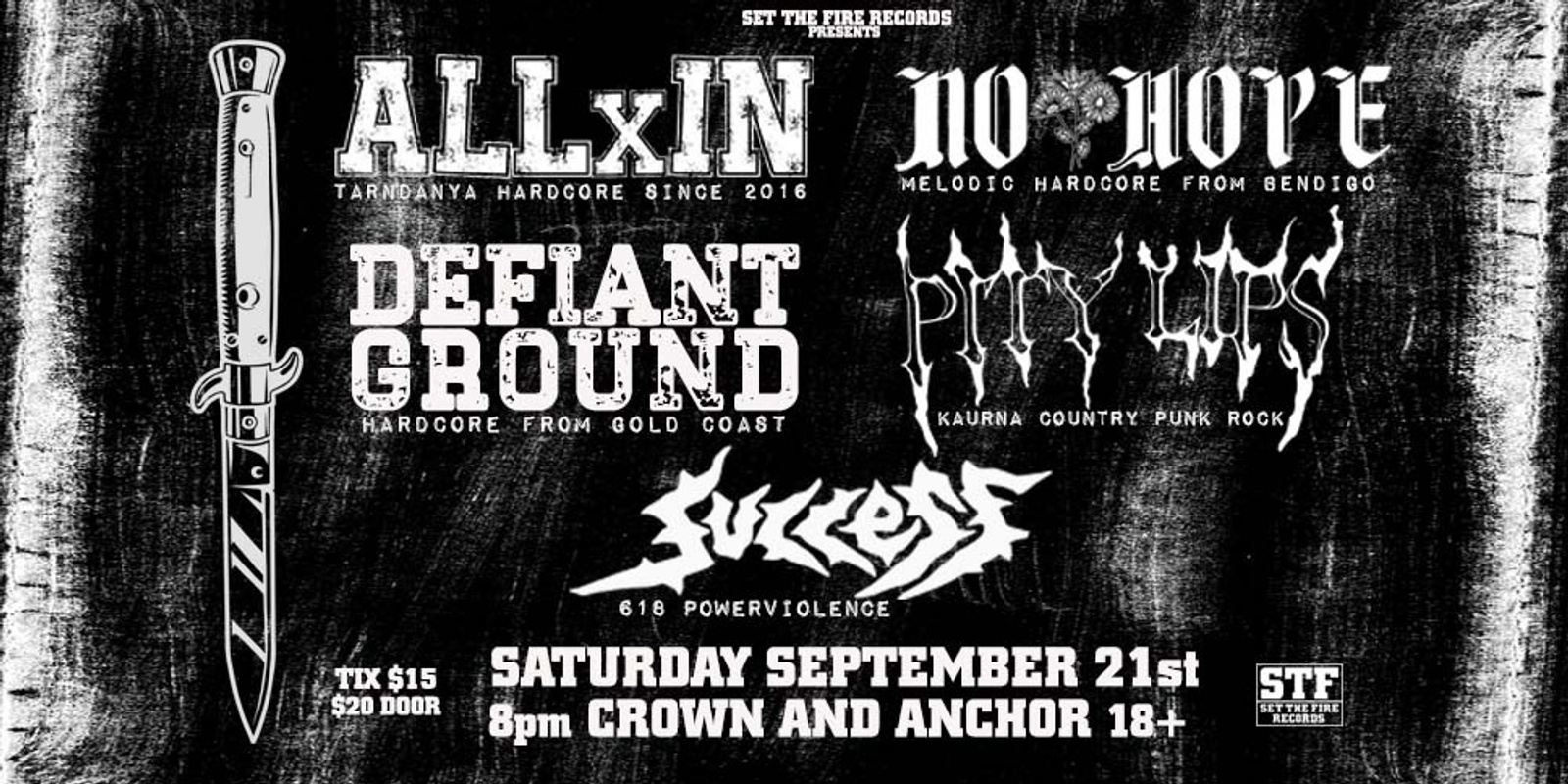 Banner image for ALL IN, NO HOPE, DEFIANT GROUND, PITY LIPS, SUCCESS @CROWN&ANCHOR