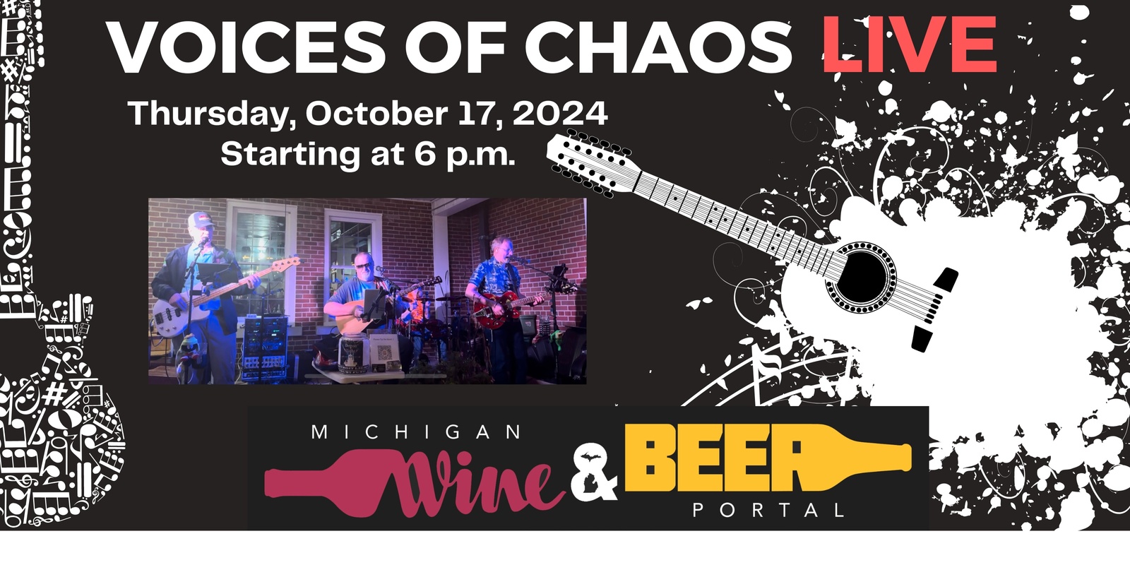 Banner image for Voices of Chaos Live - Thursday, October 17, 2024 starting at 6 p.m. at the Michigan Wine and Beer Portal 