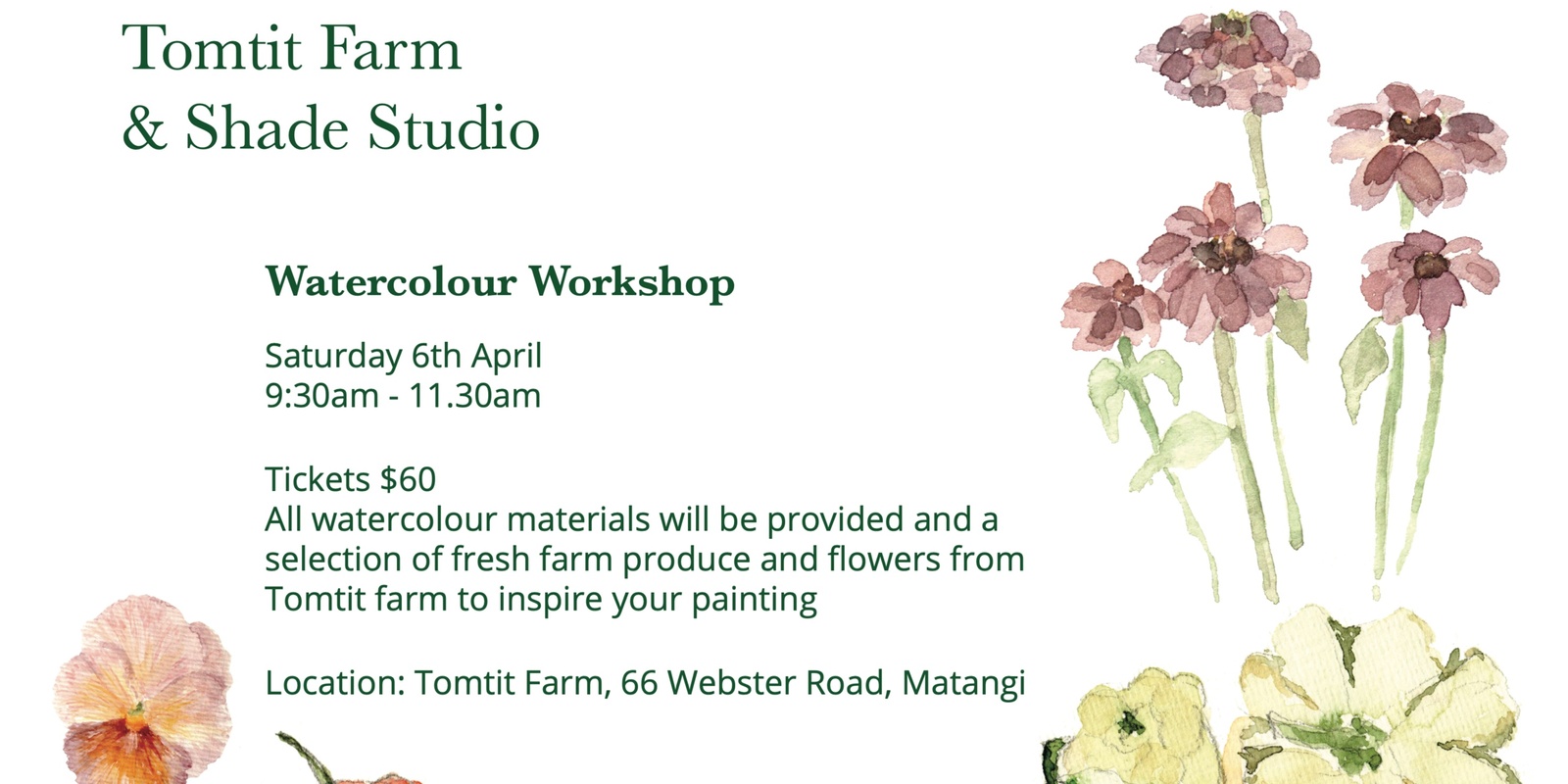 Banner image for Tomtit Farm Watercolour Workshop with Shade Studio